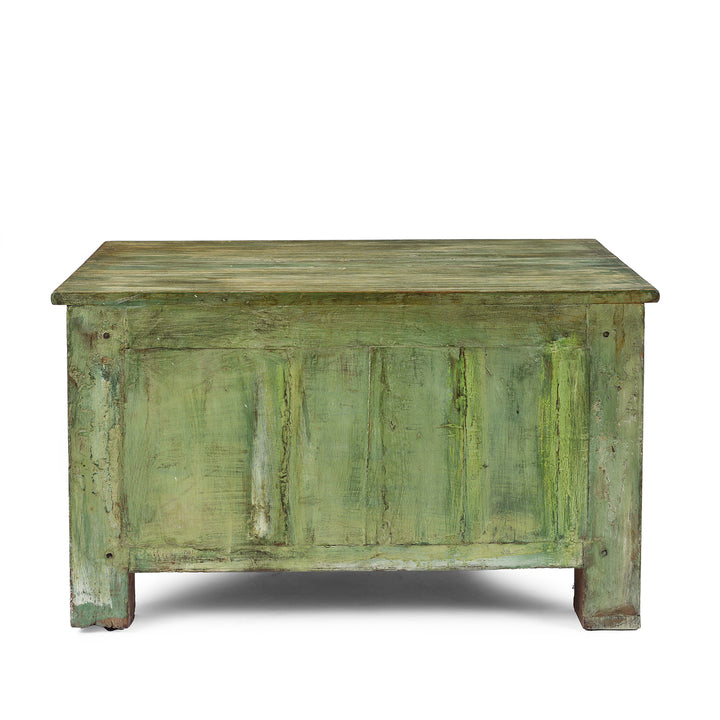 Back Of Reclaimed Teakwood Coffee Table With Antique Carved Panels, Front-Opening Storage, And Green Distressed Rustic Finish