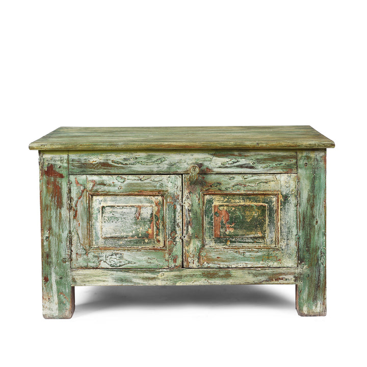 Reclaimed Teakwood Coffee Table With Antique Carved Panels, Front-Opening Storage, And Green Distressed Rustic Finish