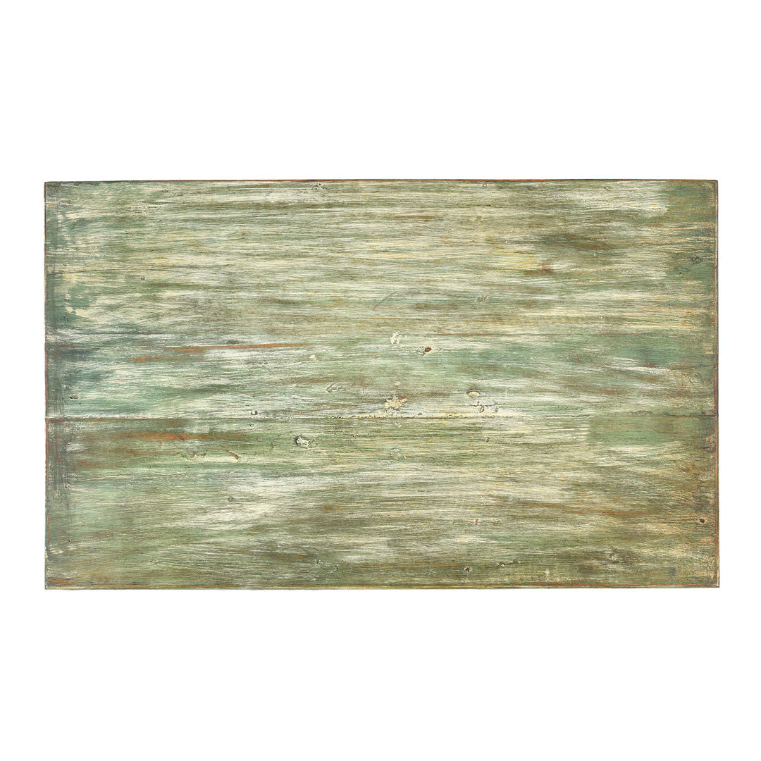 Top Down View Of Reclaimed Teakwood Coffee Table With Antique Carved Panels, Front-Opening Storage, And Green Distressed Rustic Finish