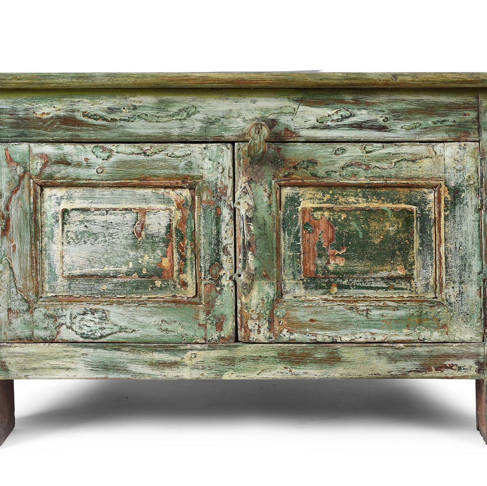 Doors Detail From Reclaimed Teakwood Coffee Table With Antique Carved Panels, Front-Opening Storage, And Green Distressed Rustic Finish