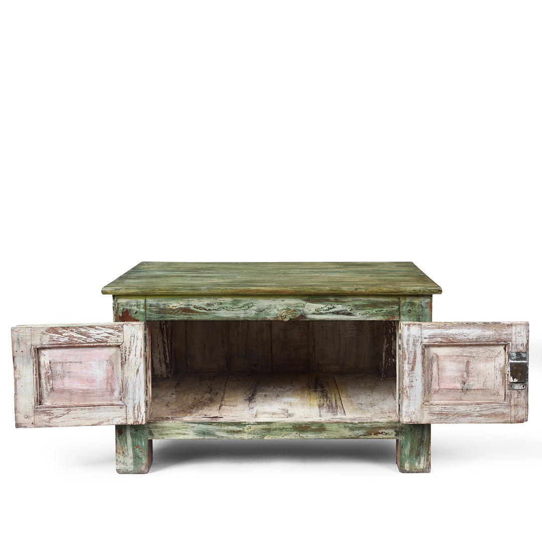 Interior Of Reclaimed Teakwood Coffee Table With Antique Carved Panels, Front-Opening Storage, And Green Distressed Rustic Finish