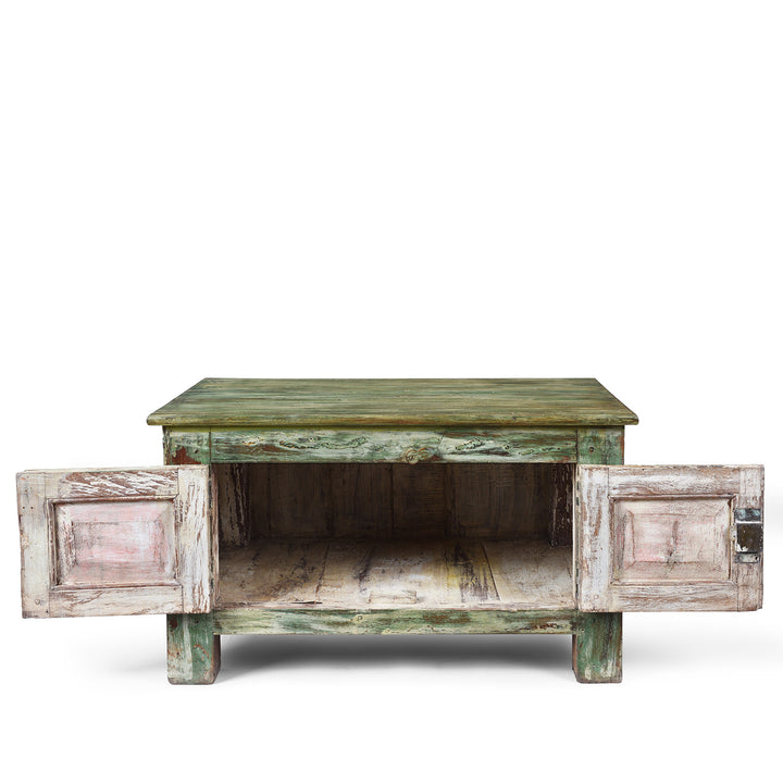 Interior Of Reclaimed Teakwood Coffee Table With Antique Carved Panels, Front-Opening Storage, And Green Distressed Rustic Finish