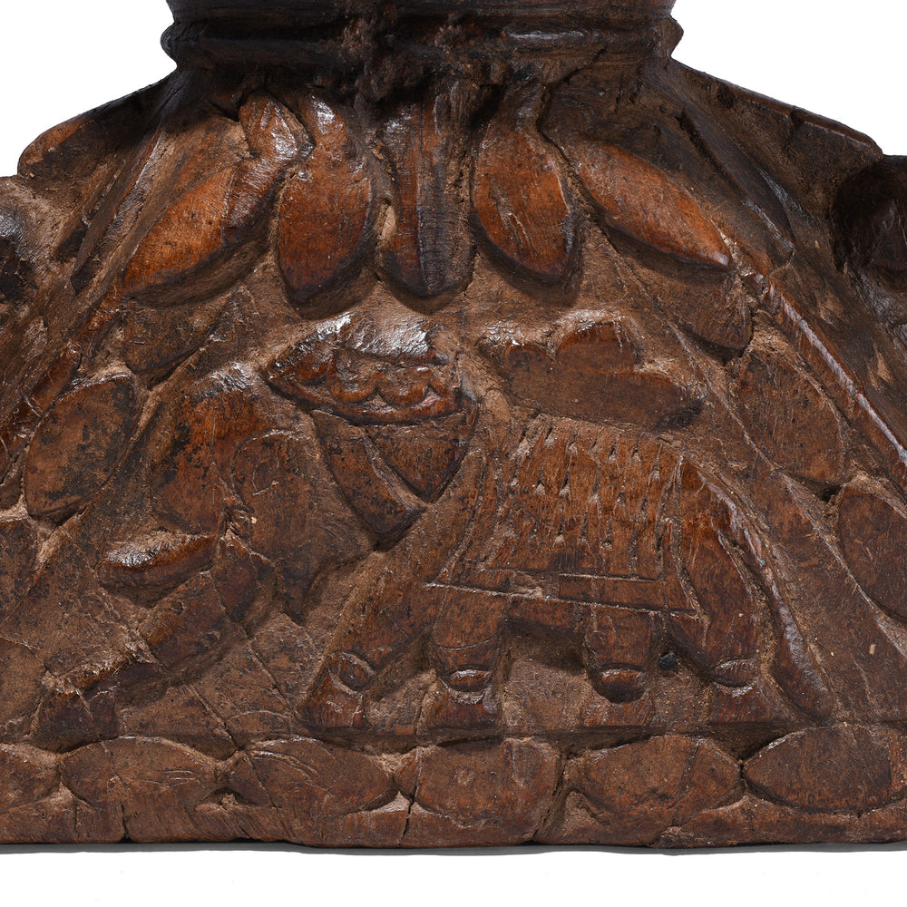 Carving Detail From 19th Century Carved Indian Wooden Seed Drill With Elephant And Parrot Motifs | Indigo Antiques