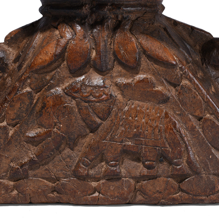 Carving Detail From 19th Century Carved Indian Wooden Seed Drill With Elephant And Parrot Motifs | Indigo Antiques