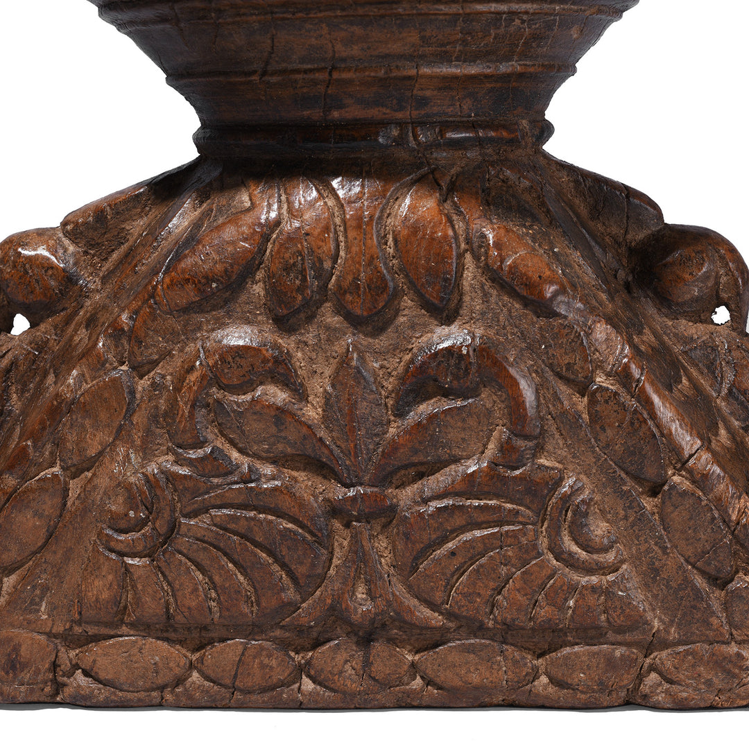 Carving Detail From 19th Century Carved Indian Wooden Seed Drill With Elephant And Parrot Motifs | Indigo Antiques