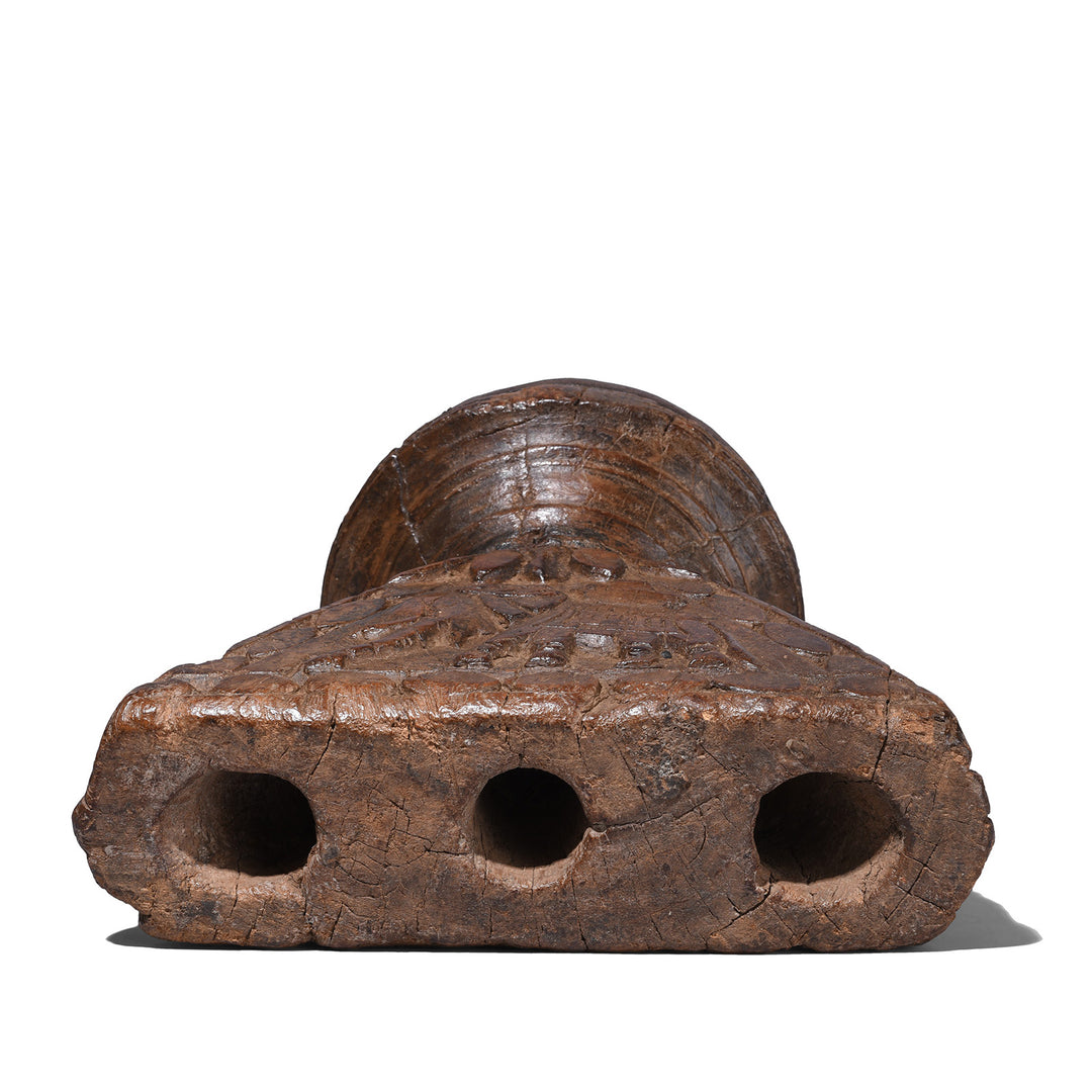 Bottom View Of 19th Century Carved Indian Wooden Seed Drill With Elephant And Parrot Motifs | Indigo Antiques