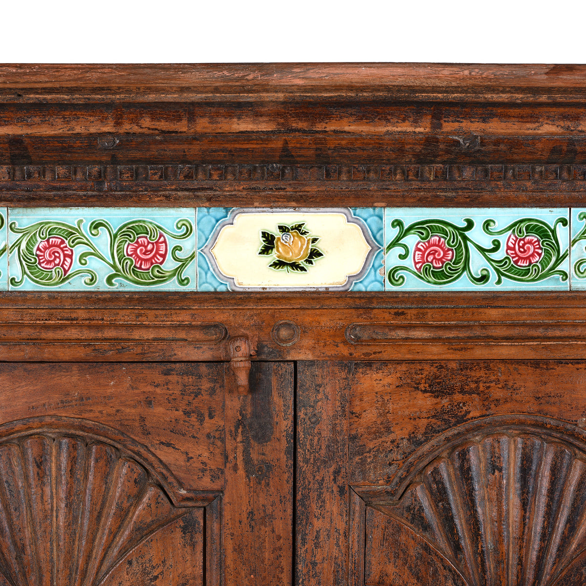 Tiles And Locking Latch Detail From 19th Century Teak Almirah Cabinet from Gujarat €“ Hand-Carved Panels with Sunburst Motifs and Original Peranakan Ceramic Tiles