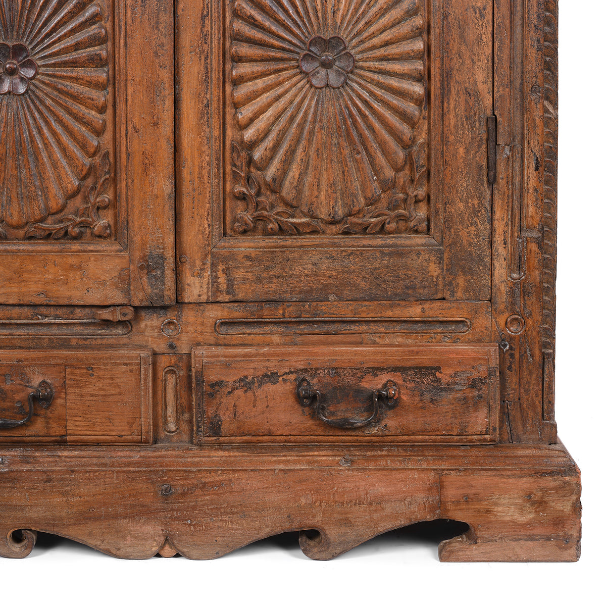 Bottom Drawer And Caved Base Detail From 19th Century Teak Almirah Cabinet from Gujarat €“ Hand-Carved Panels with Sunburst Motifs and Original Peranakan Ceramic Tiles
