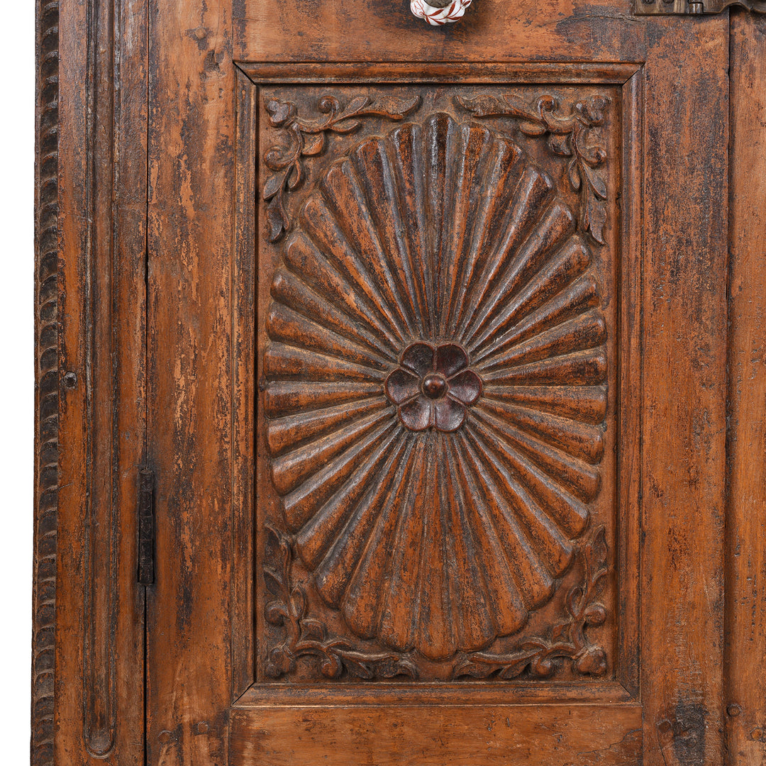 Carved Almirah Panel Detail From 19th Century Teak Almirah Cabinet from Gujarat €“ Hand-Carved Panels with Sunburst Motifs and Original Peranakan Ceramic Tiles