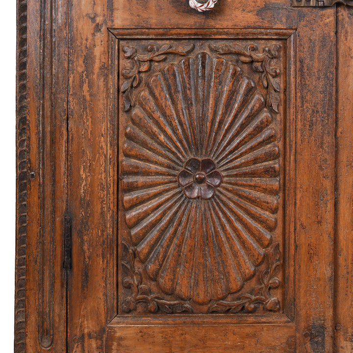 Carved Almirah Panel Detail From 19th Century Teak Almirah Cabinet from Gujarat €“ Hand-Carved Panels with Sunburst Motifs and Original Peranakan Ceramic Tiles