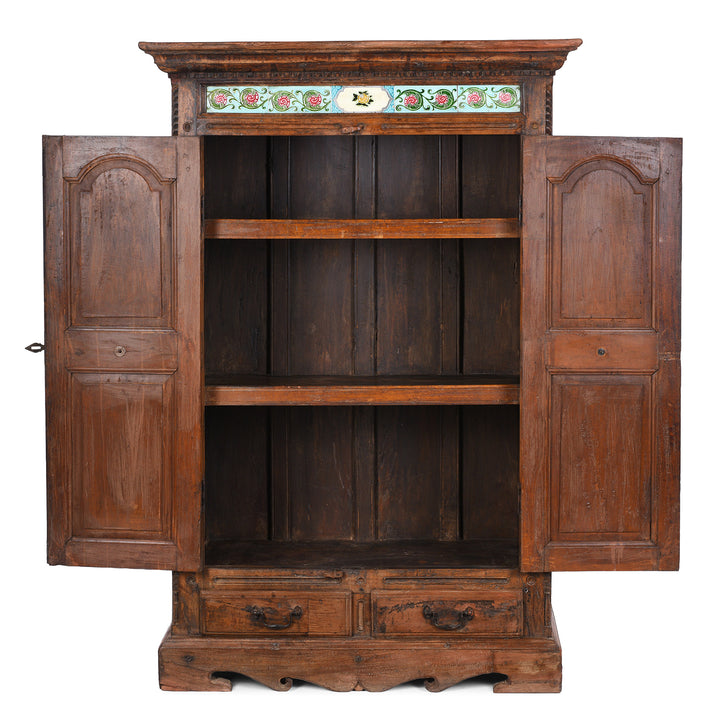 Interior VIew Of 19th Century Teak Almirah Cabinet from Gujarat €“ Hand-Carved Panels with Sunburst Motifs and Original Peranakan Ceramic Tiles