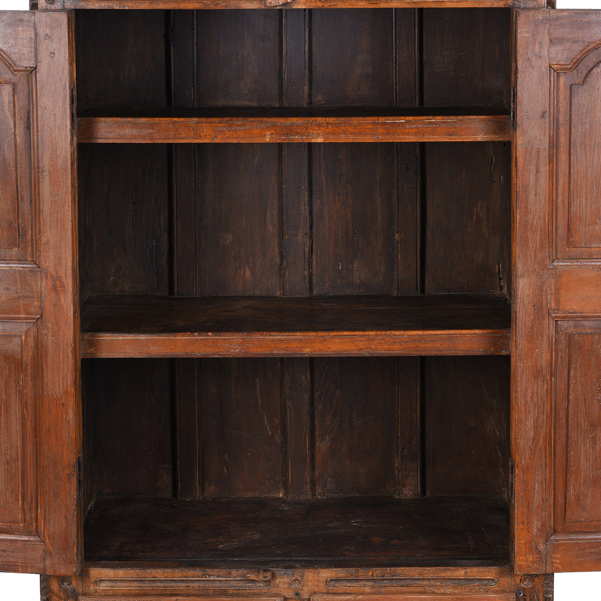 Interior Detail From 19th Century Teak Almirah Cabinet from Gujarat €“ Hand-Carved Panels with Sunburst Motifs and Original Peranakan Ceramic Tiles