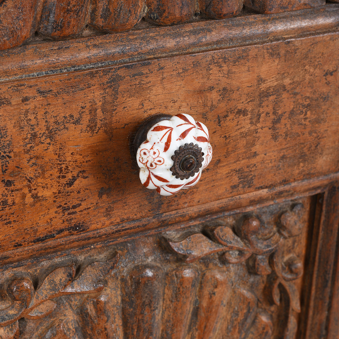 Ceramic Door Knob Detail From 19th Century Teak Almirah Cabinet from Gujarat €“ Hand-Carved Panels with Sunburst Motifs and Original Peranakan Ceramic Tiles