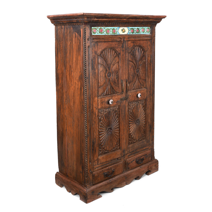 Angled VIew Showing Depth Of 19th Century Teak Almirah Cabinet from Gujarat €“ Hand-Carved Panels with Sunburst Motifs and Original Peranakan Ceramic Tiles
