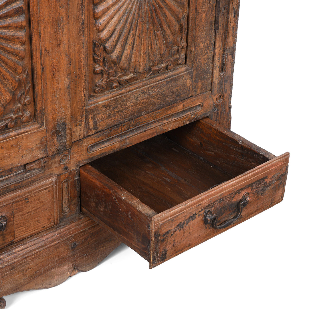 Drawer Interior Detail From 19th Century Teak Almirah Cabinet from Gujarat €“ Hand-Carved Panels with Sunburst Motifs and Original Peranakan Ceramic Tiles