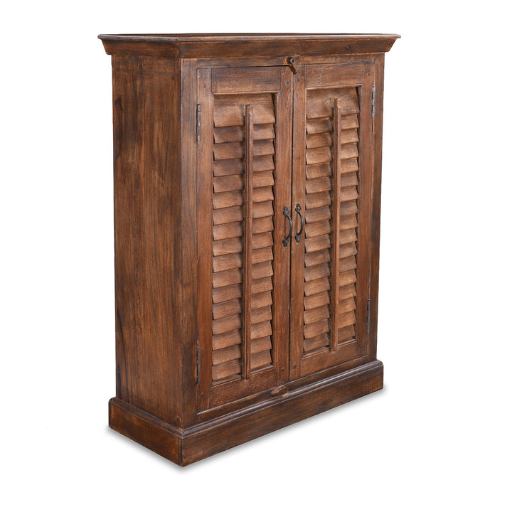 Angled VIew Of Painted Indian Louvre Cabinet Made From Reclaimed Teak | Indigo Antiques