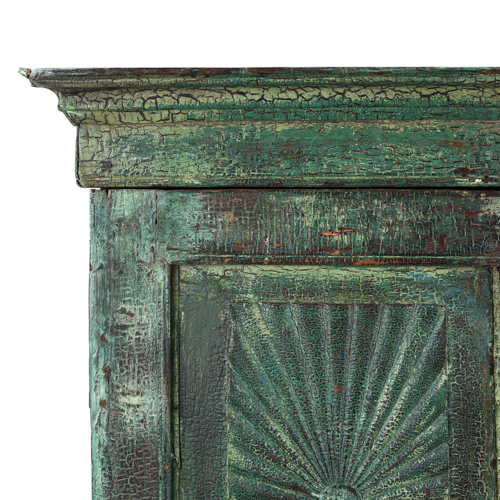 Corner Detail From Antique Indian Painted Teak Almirah Cabinet With Sunburst Panels | Indigo Antiques