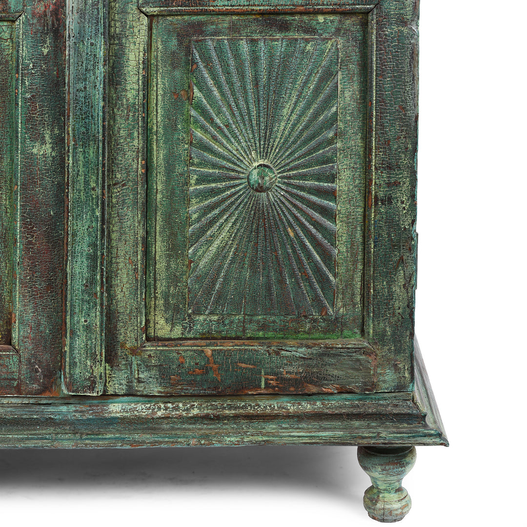 Sunburst Detail From Antique Indian Painted Teak Almirah Cabinet With Sunburst Panels | Indigo Antiques
