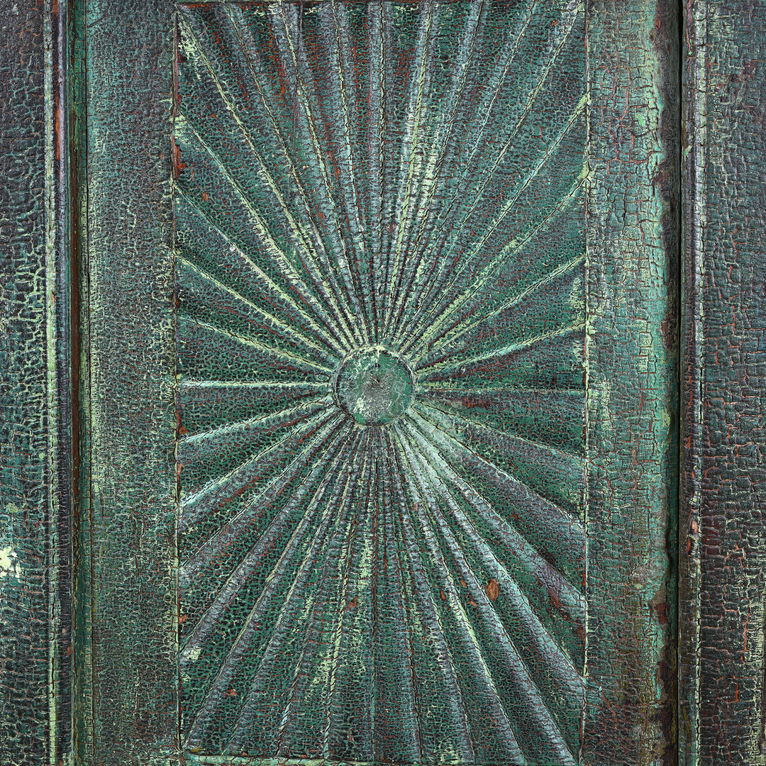 Sunburst Detail From Antique Indian Painted Teak Almirah Cabinet With Sunburst Panels | Indigo Antiques