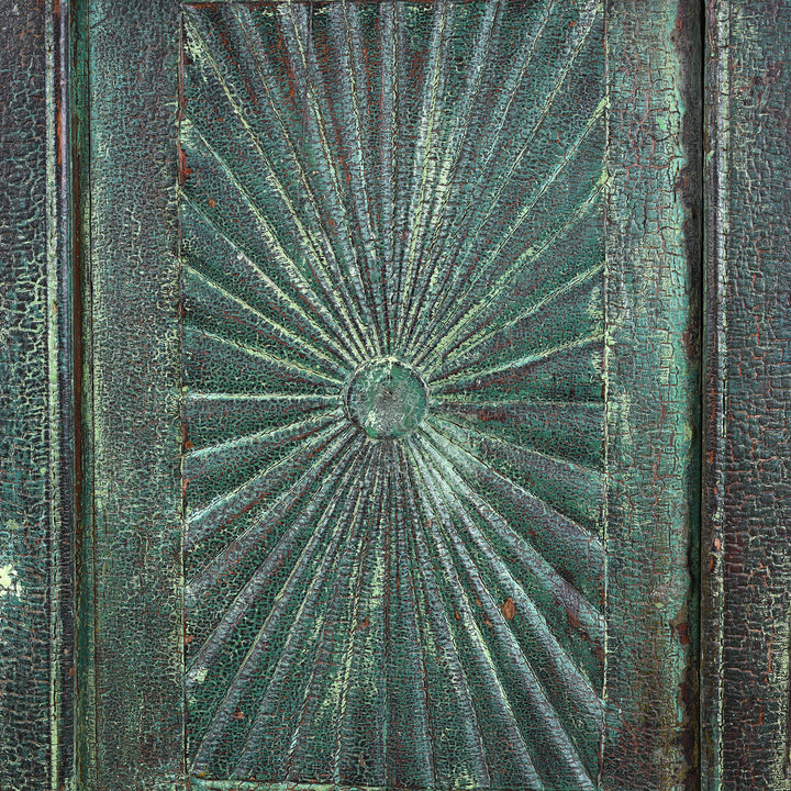 Sunburst Detail From Antique Indian Painted Teak Almirah Cabinet With Sunburst Panels | Indigo Antiques