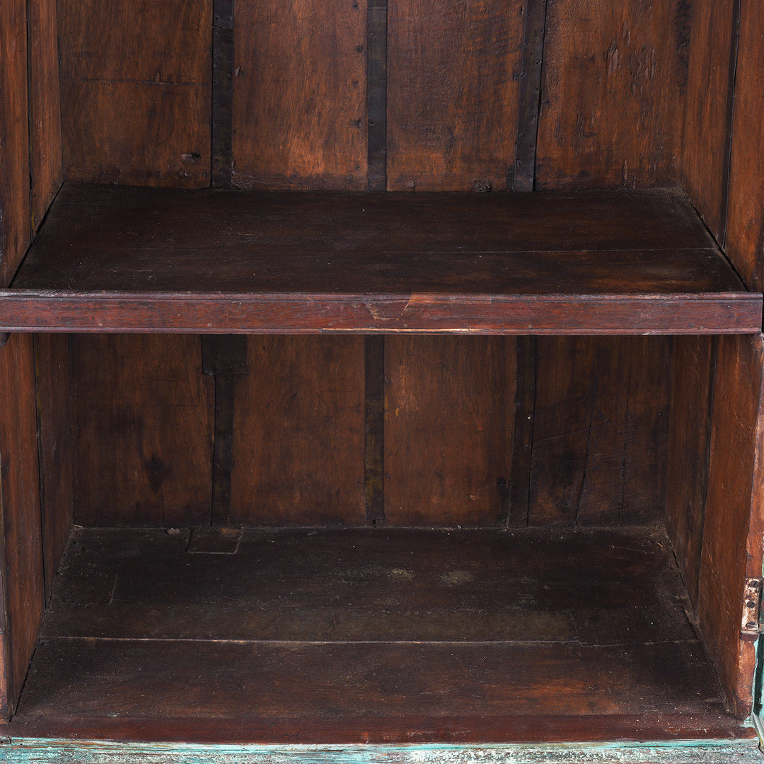 Interior Detail From Antique Indian Painted Teak Almirah Cabinet With Sunburst Panels | Indigo Antiques