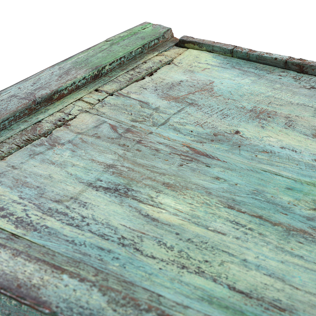 Top Detail From Antique Indian Painted Teak Almirah Cabinet With Sunburst Panels | Indigo Antiques