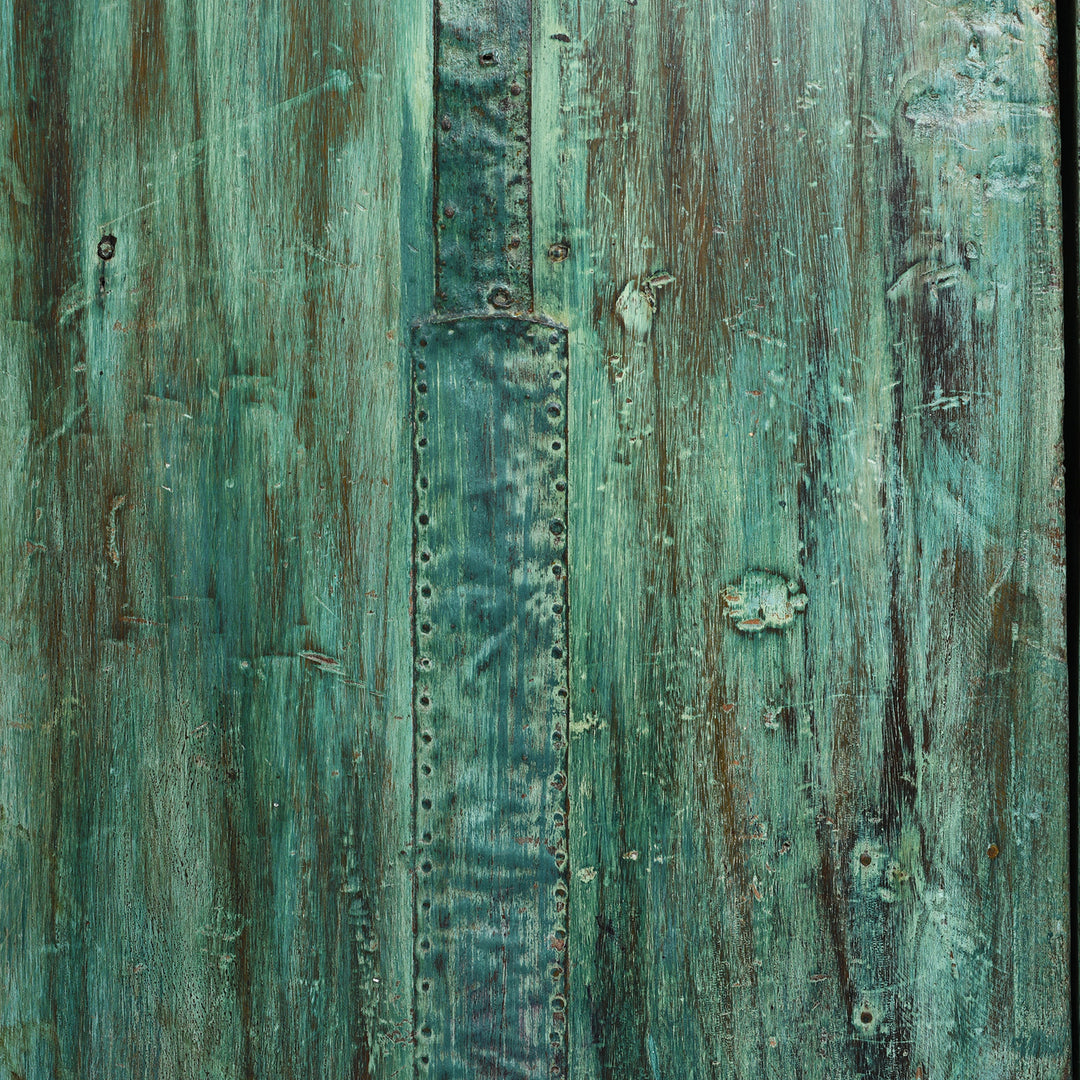 Metalwork Patch Detail From Antique Indian Painted Teak Almirah Cabinet With Sunburst Panels | Indigo Antiques