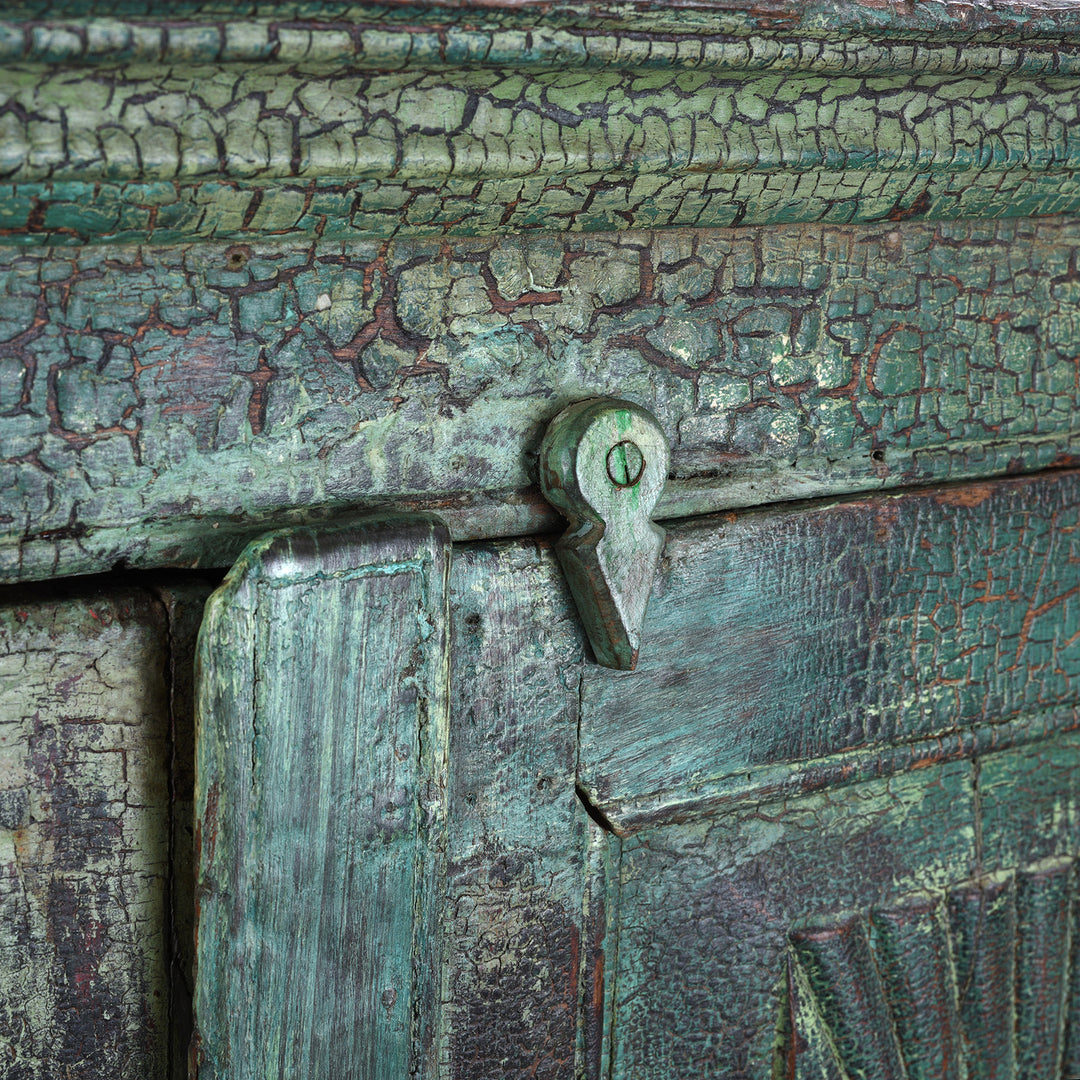 Latch Detail From Antique Indian Painted Teak Almirah Cabinet With Sunburst Panels | Indigo Antiques