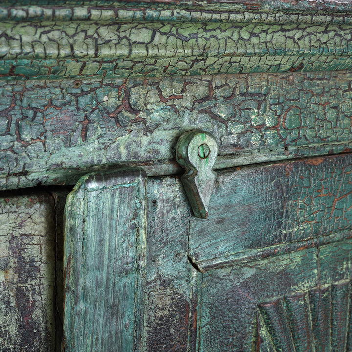Latch Detail From Antique Indian Painted Teak Almirah Cabinet With Sunburst Panels | Indigo Antiques