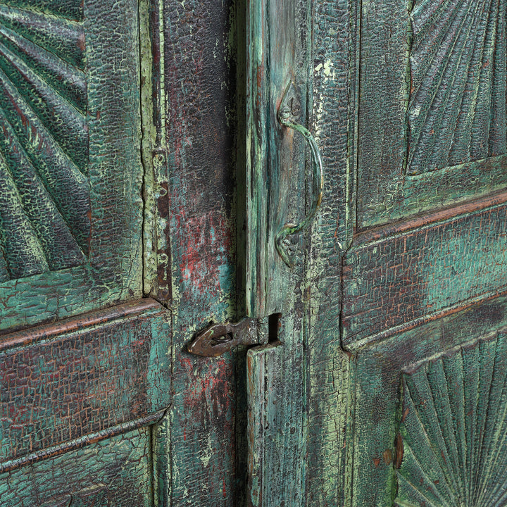 Latch Detail From Antique Indian Painted Teak Almirah Cabinet With Sunburst Panels | Indigo Antiques