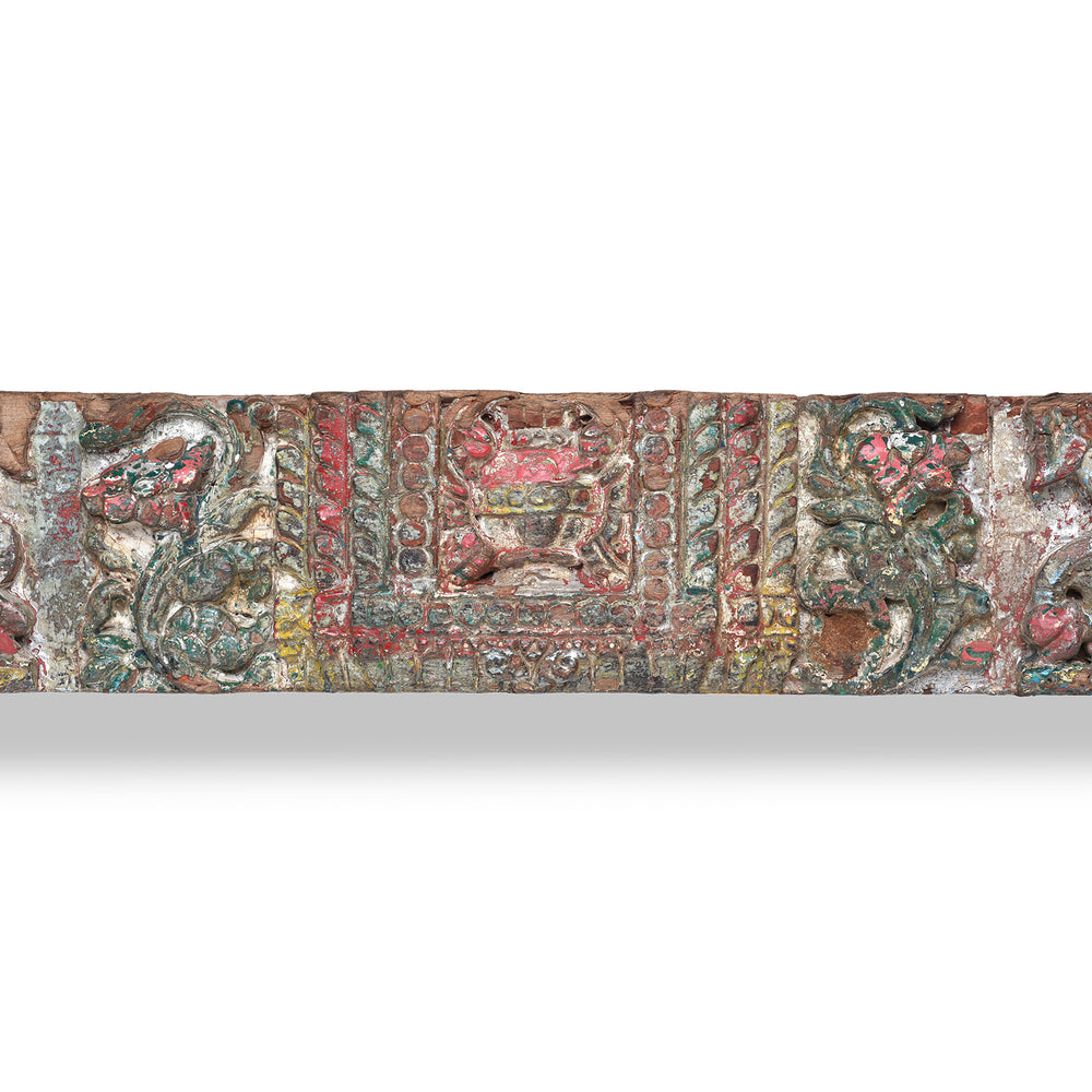 Central pūrṇa kalaśa (full water vessel carving Detail From Carved Teak Lintel Panel From Gujarat With Painted Elephants And Floral Motifs