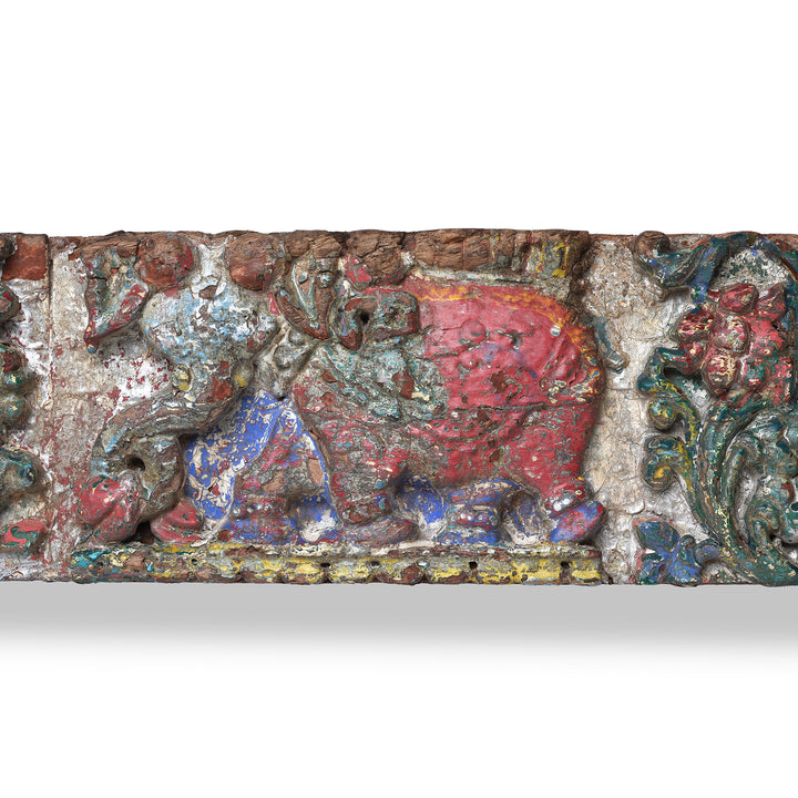Elephant Carving Detail From Carved Teak Lintel Panel From Gujarat With Painted Elephants And Floral Motifs