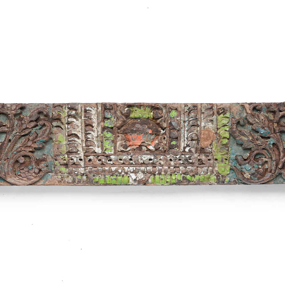 Central Carving Detail From Nineteenth Century Hand Carved Indian Teak Lintel With Elephant And Foliage Motifs From Gujarat