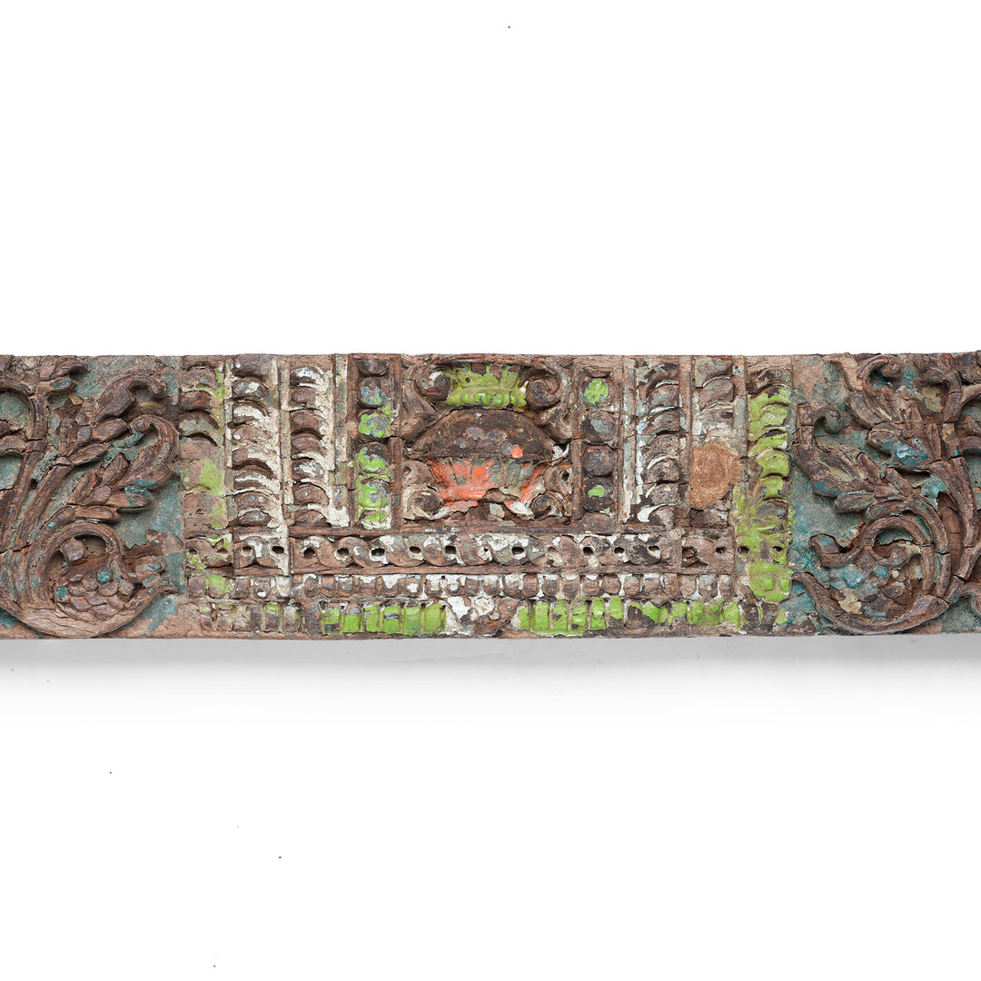 Central Carving Detail From Nineteenth Century Hand Carved Indian Teak Lintel With Elephant And Foliage Motifs From Gujarat