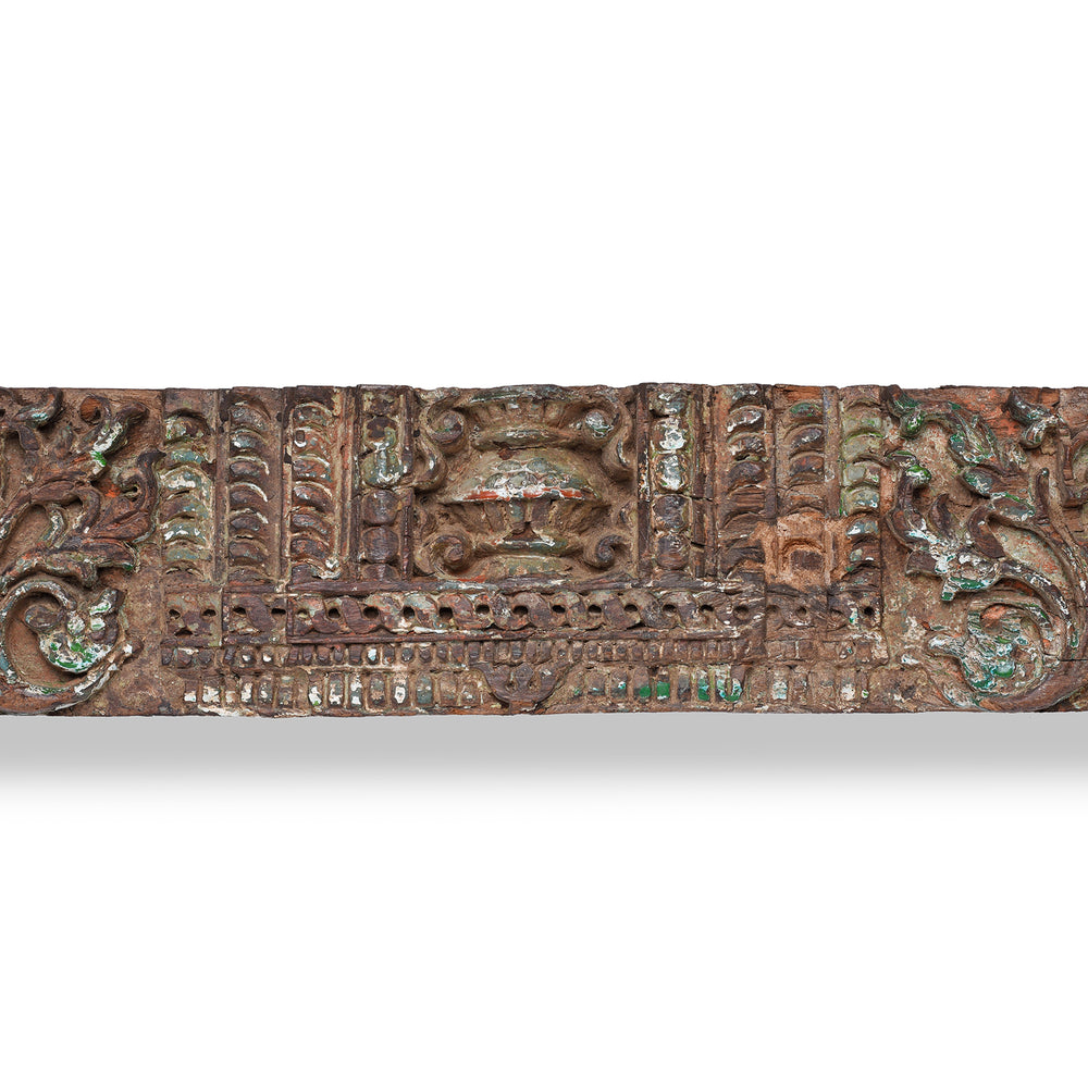 Central Kalasa Design Detail From Carved Nineteenth Century Teak Lintel From Gujarat Featuring Elephants And Intricate Floral Detailing