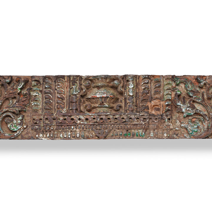 Central Kalasa Design Detail From Carved Nineteenth Century Teak Lintel From Gujarat Featuring Elephants And Intricate Floral Detailing