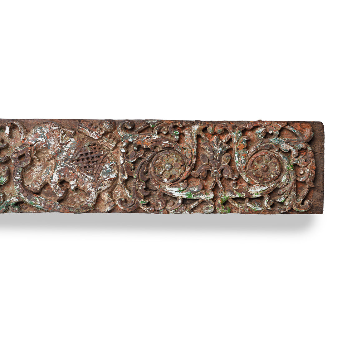 Delephant And Floral Detail From Carved Nineteenth Century Teak Lintel From Gujarat Featuring Elephants And Intricate Floral Detailing
