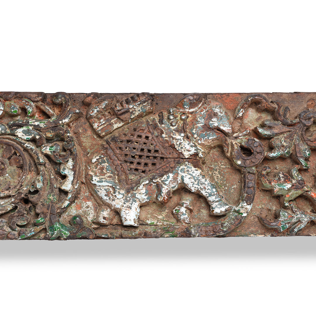 Elephant Detail From Carved Nineteenth Century Teak Lintel From Gujarat Featuring Elephants And Intricate Floral Detailing