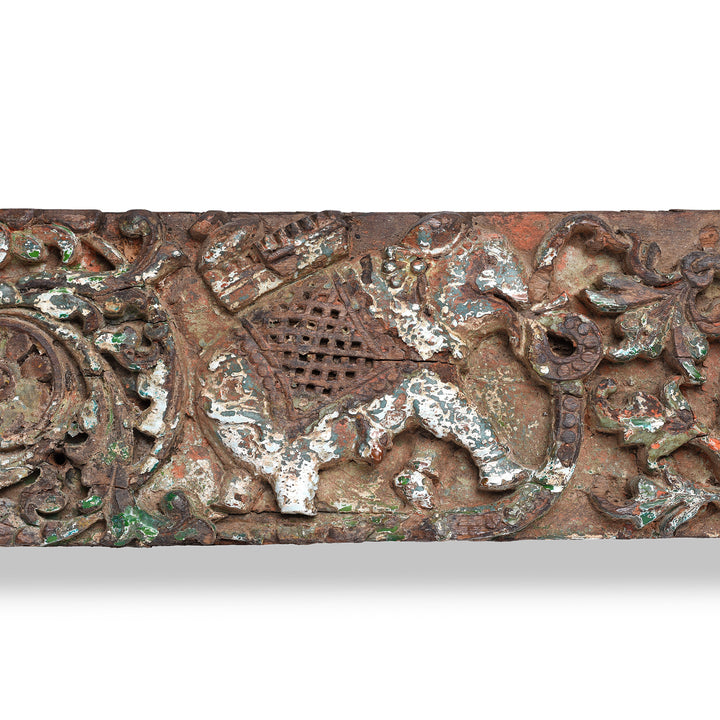 Elephant Detail From Carved Nineteenth Century Teak Lintel From Gujarat Featuring Elephants And Intricate Floral Detailing