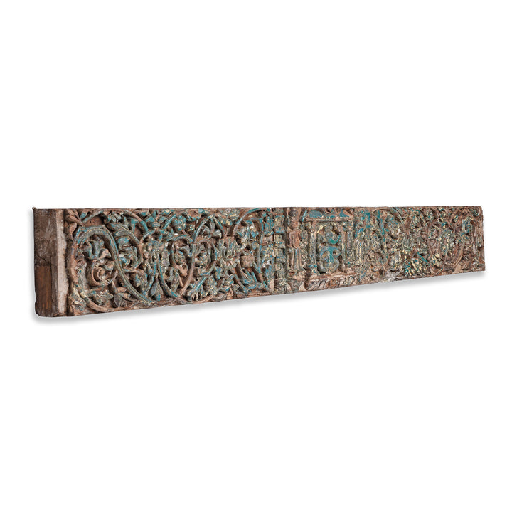 Angled VIew Of Carved Nineteenth Century Teak Lintel From Gujarat Featuring Ganesha And Intricate Floral Detailing