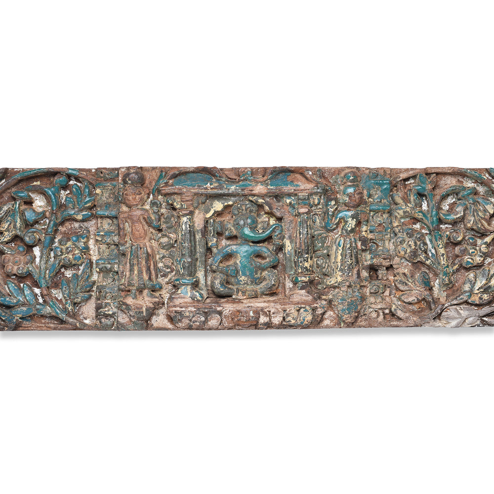 Ganese Detail From Carved Nineteenth Century Teak Lintel From Gujarat Featuring Ganesha And Intricate Floral Detailing
