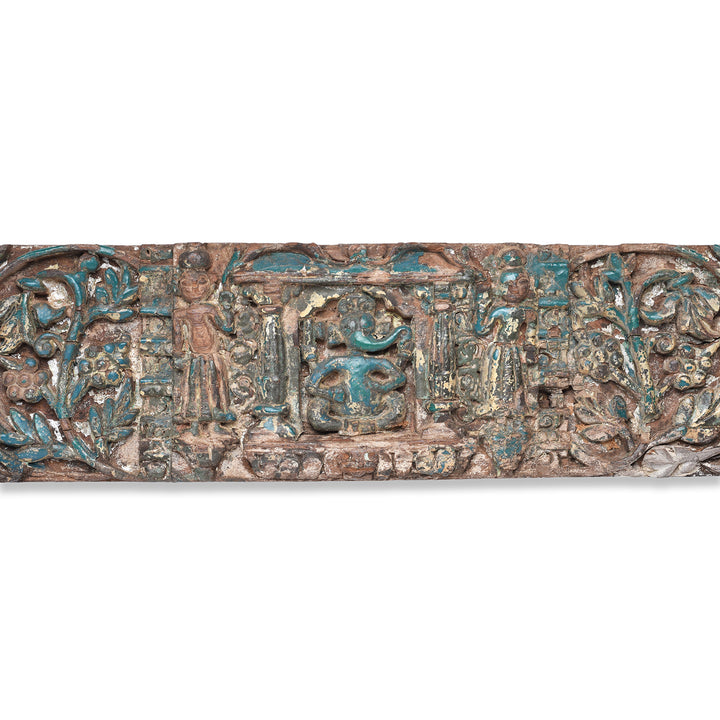Ganese Detail From Carved Nineteenth Century Teak Lintel From Gujarat Featuring Ganesha And Intricate Floral Detailing