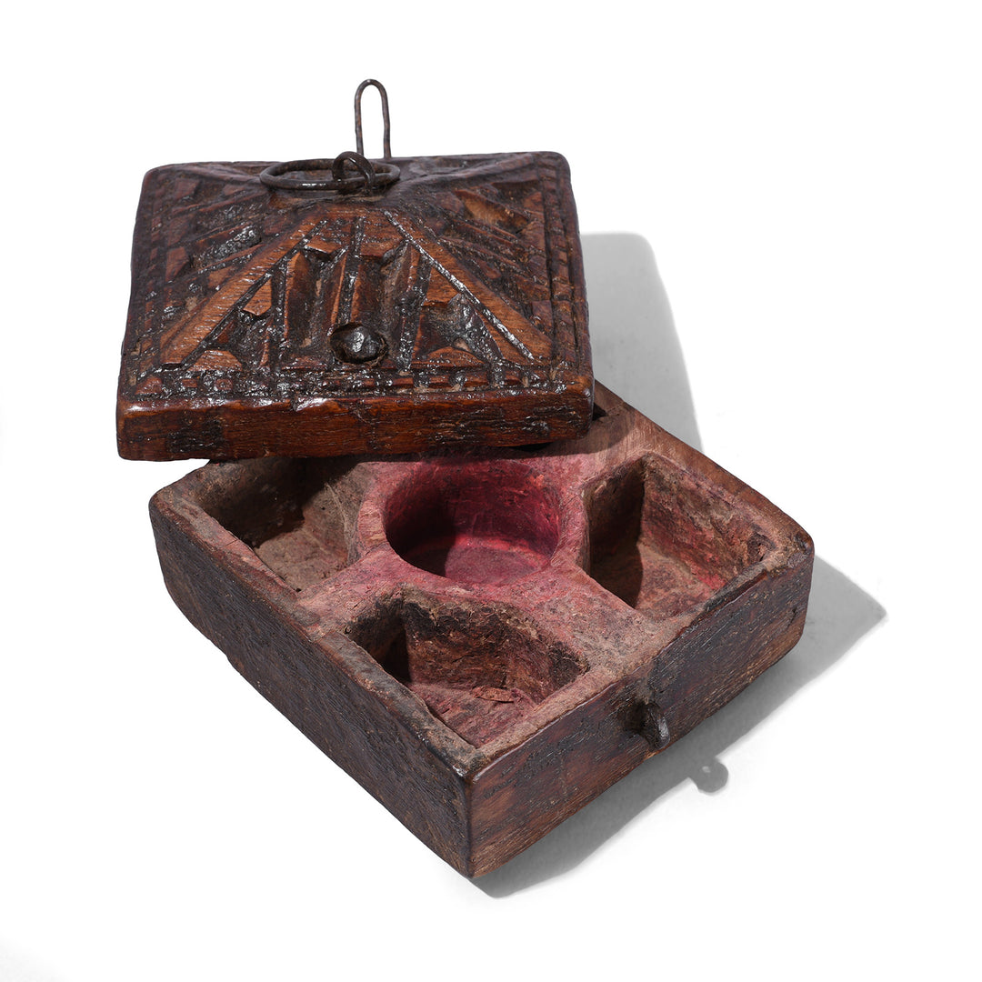 Interior Of Carved Teak Tika Box From Banswara With Tribal Geometric Lid And Red Pigment Interior