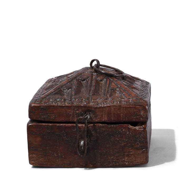 Carved Teak Tika Box From Banswara With Tribal Geometric Lid And Red Pigment Interior