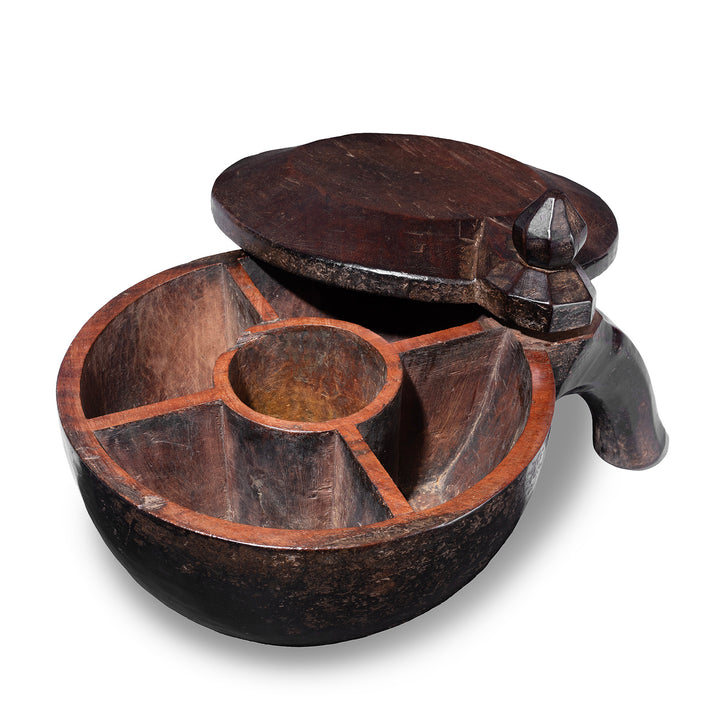 Interior Of Carved Teak Masala Box From Banswara With Sculptural Finial And Spice Compartments