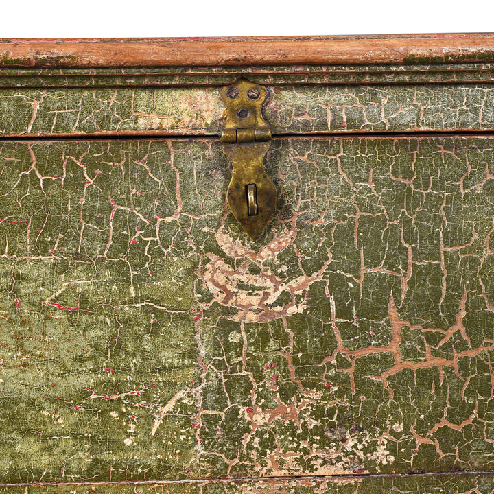 Detail View Of Hasp Lock From Iron Bound Teak Money Box Chest With Aged Green Patina And Crackled Finish From The 19th Century