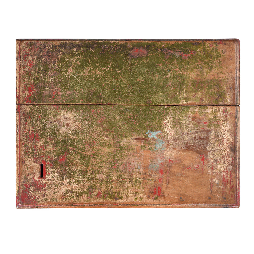 Top Down View Of Iron Bound Teak Money Box Chest With Aged Green Patina And Crackled Finish From The 19th Century