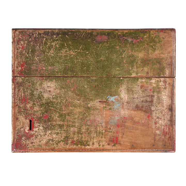 Top Down View Of Iron Bound Teak Money Box Chest With Aged Green Patina And Crackled Finish From The 19th Century