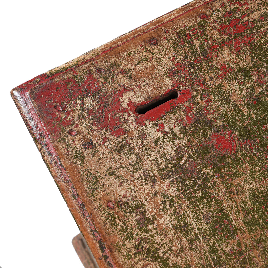 Corner Detail Of Coin Slot From Iron Bound Teak Money Box Chest With Aged Green Patina And Crackled Finish From The 19th Century