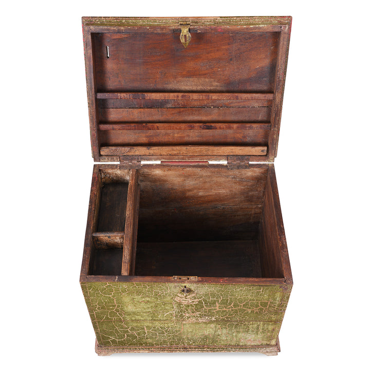 Interior View Of Iron Bound Teak Money Box Chest With Aged Green Patina And Crackled Finish From The 19th Century
